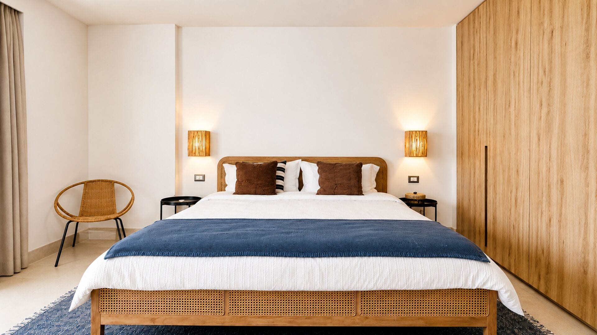 Quarto com cama, duas luminárias de cabeceira, uma cadeira e um guarda-roupa de madeira.