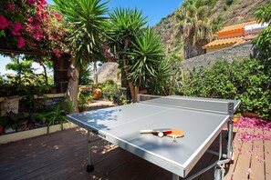 Une table de ping-pong avec une raquette, entourée de plantes en pot et d’un mur de pierre.