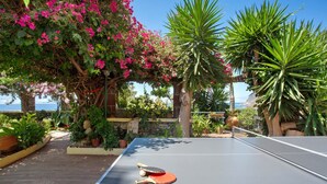 A ping pong table with a net, surrounded by potted plants and a stone wall. - Room 'Suite Vigia Jardim' with Sea View, Wi-Fi and Air Conditioning (Jardim do Mar)