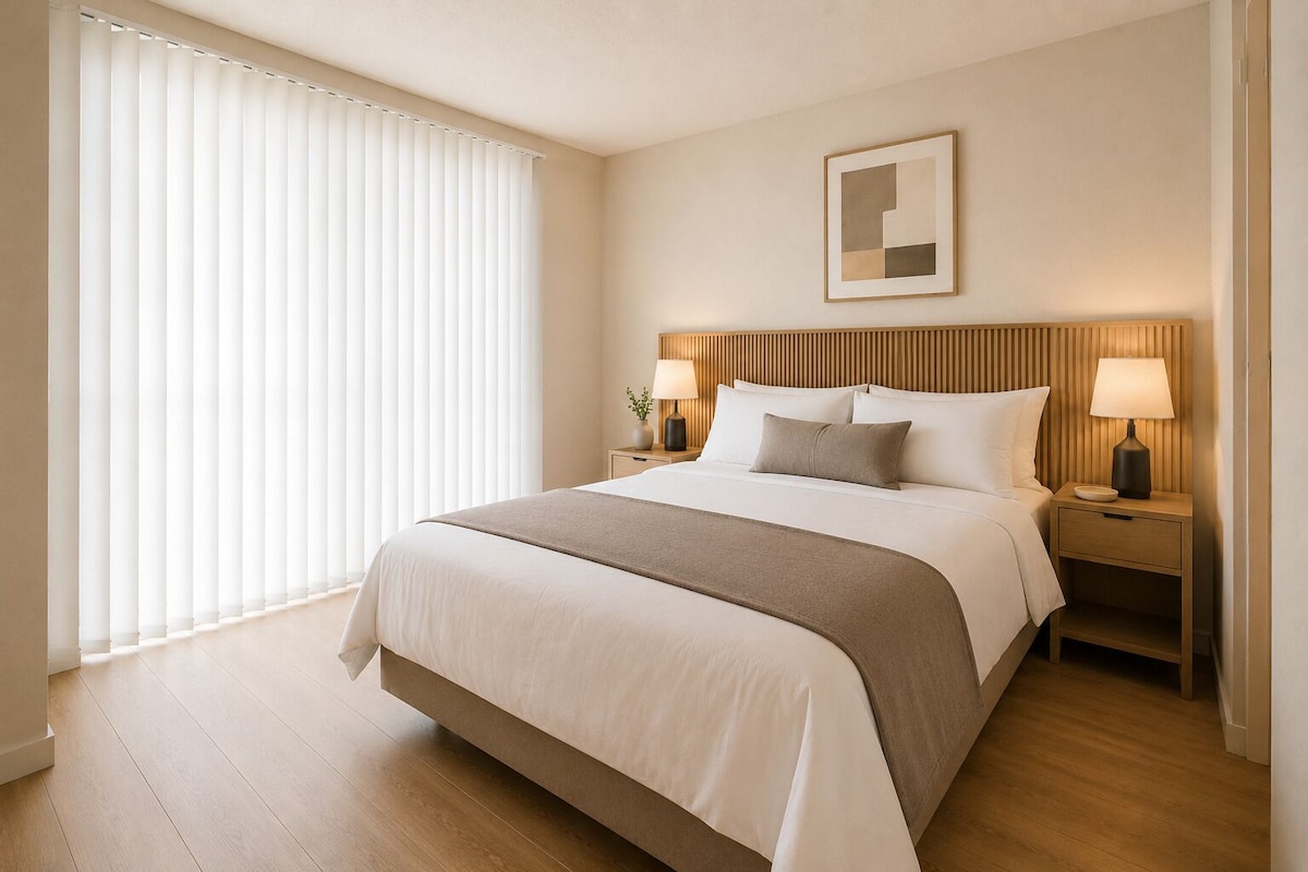 Ein Hotelzimmer mit einem großen Bett, zwei Nachttischen mit Lampen, einem Holzkopfteil, einem gerahmten Bild an der Wand und einem Fenster mit Jalousien.