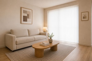 Ein schlicht eingerichtetes Wohnzimmer mit einer Couch, einem Couchtisch, einer Lampe und einem Fenster mit Jalousien.
