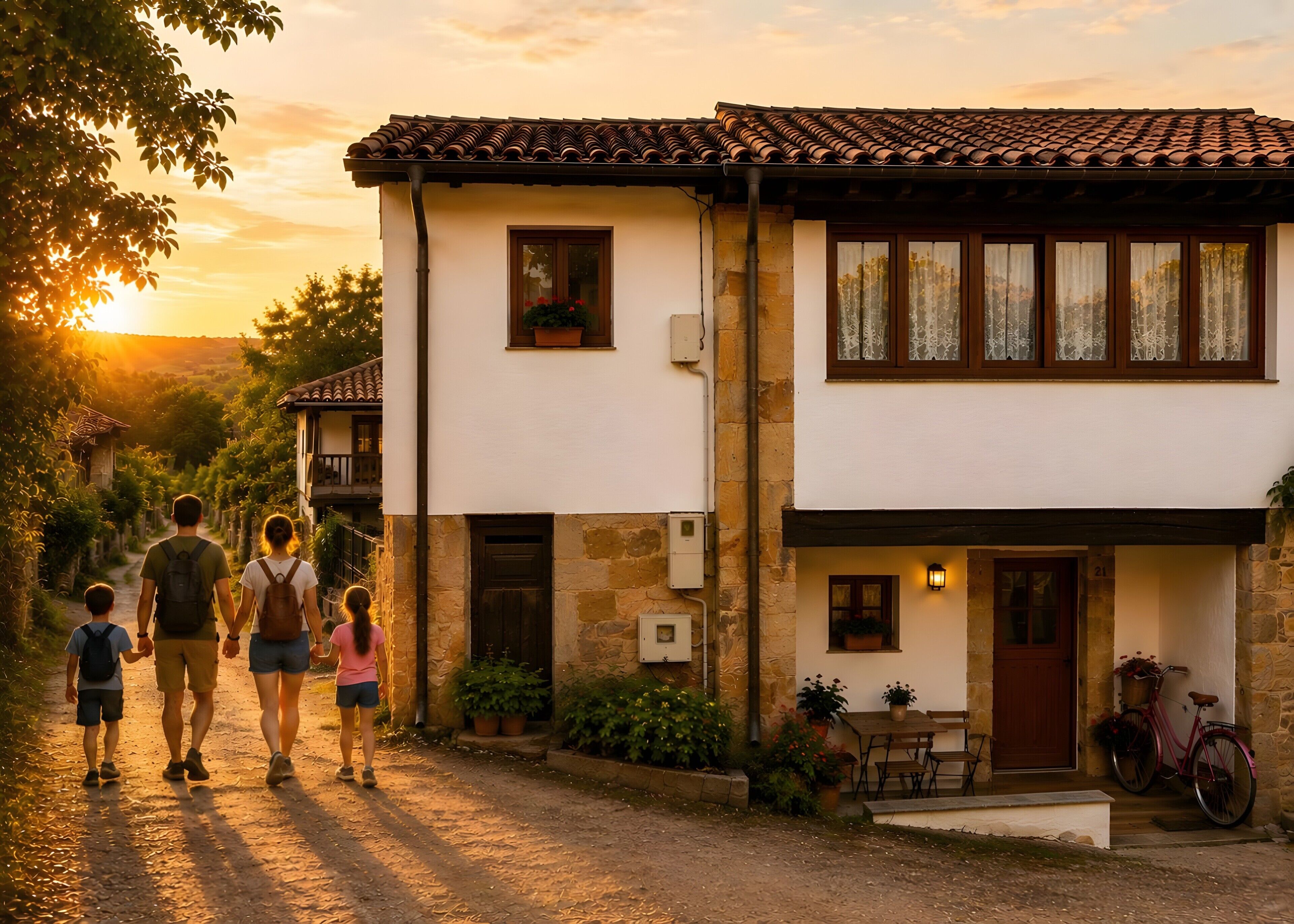 A family walking down a dirt path towards a stone house with a tiled roof, a wooden door, and a bicycle parked outside.