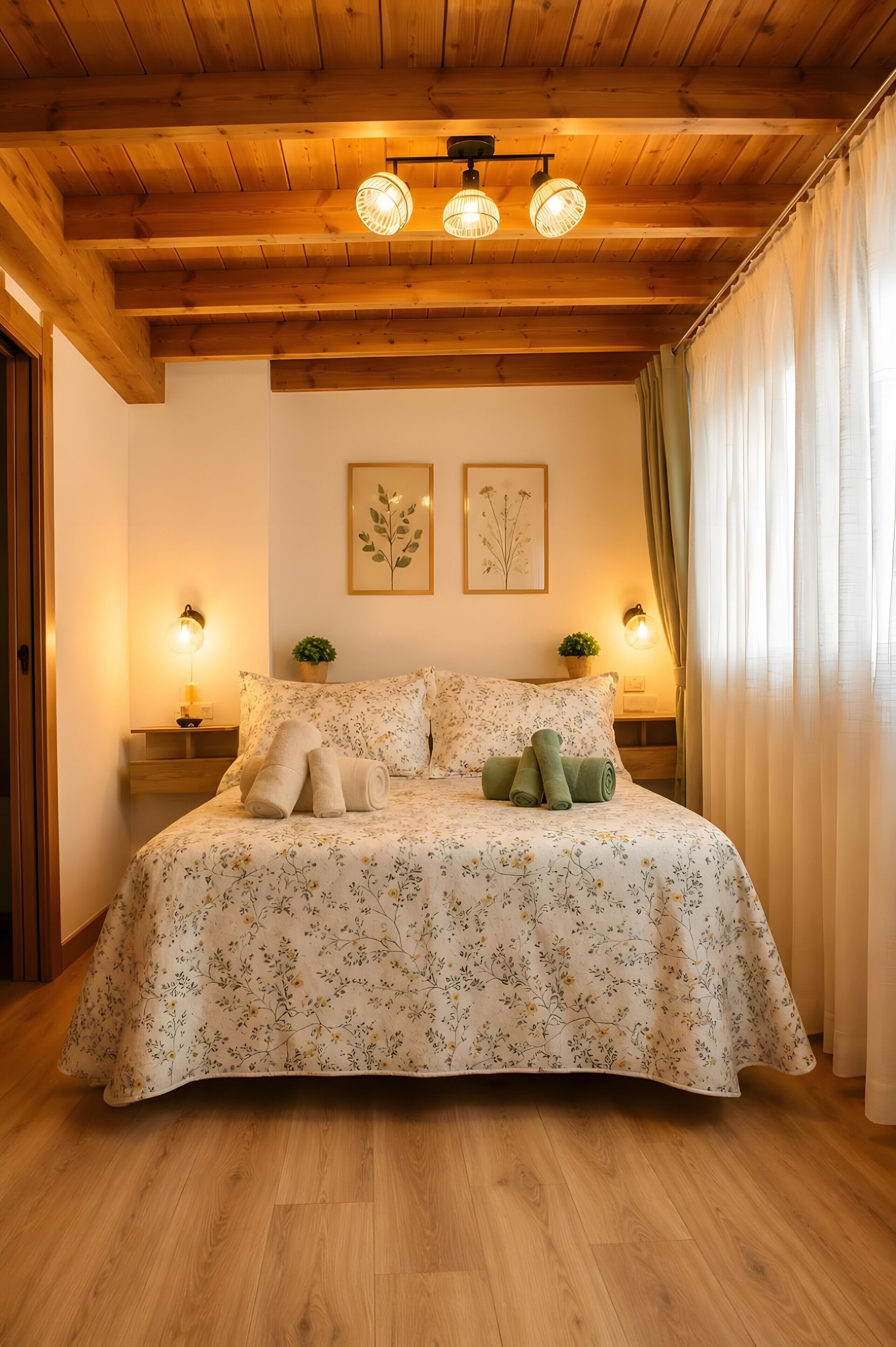 A bedroom with a wooden ceiling, a floral bedspread, two wall-mounted lamps, and a framed botanical print.