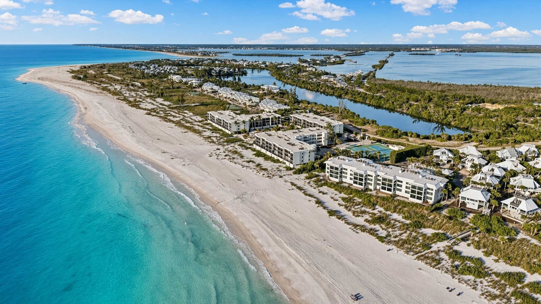 A coastal resort with beachfront properties, a marina, and a large pool area.