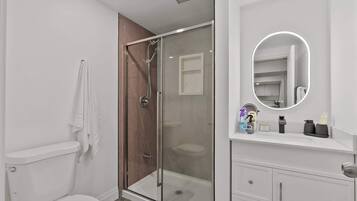 A modern bathroom with a glass-enclosed shower, a white toilet, and a vanity with a mirror.