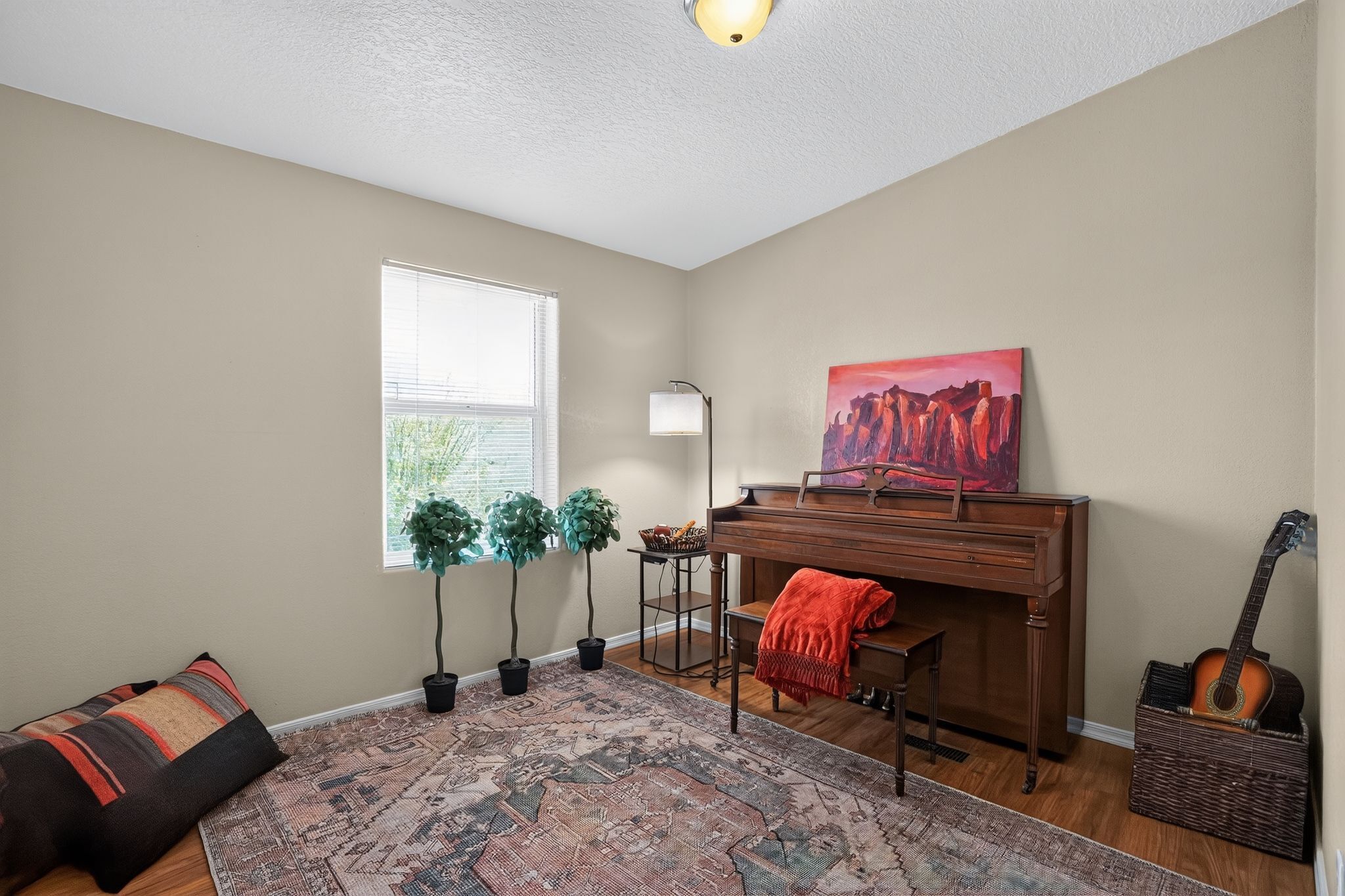 A room with a piano, a guitar, a painting, a lamp, and two potted plants.