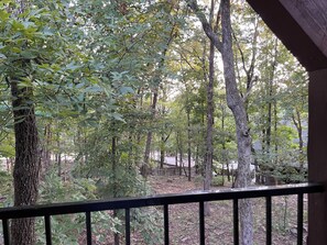 A forested area with a wooden deck and a metal railing.