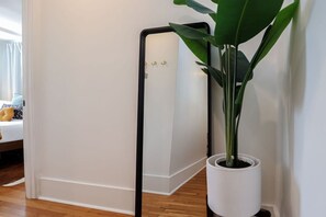 A room with a white wall, a black floor mirror, and a potted plant.