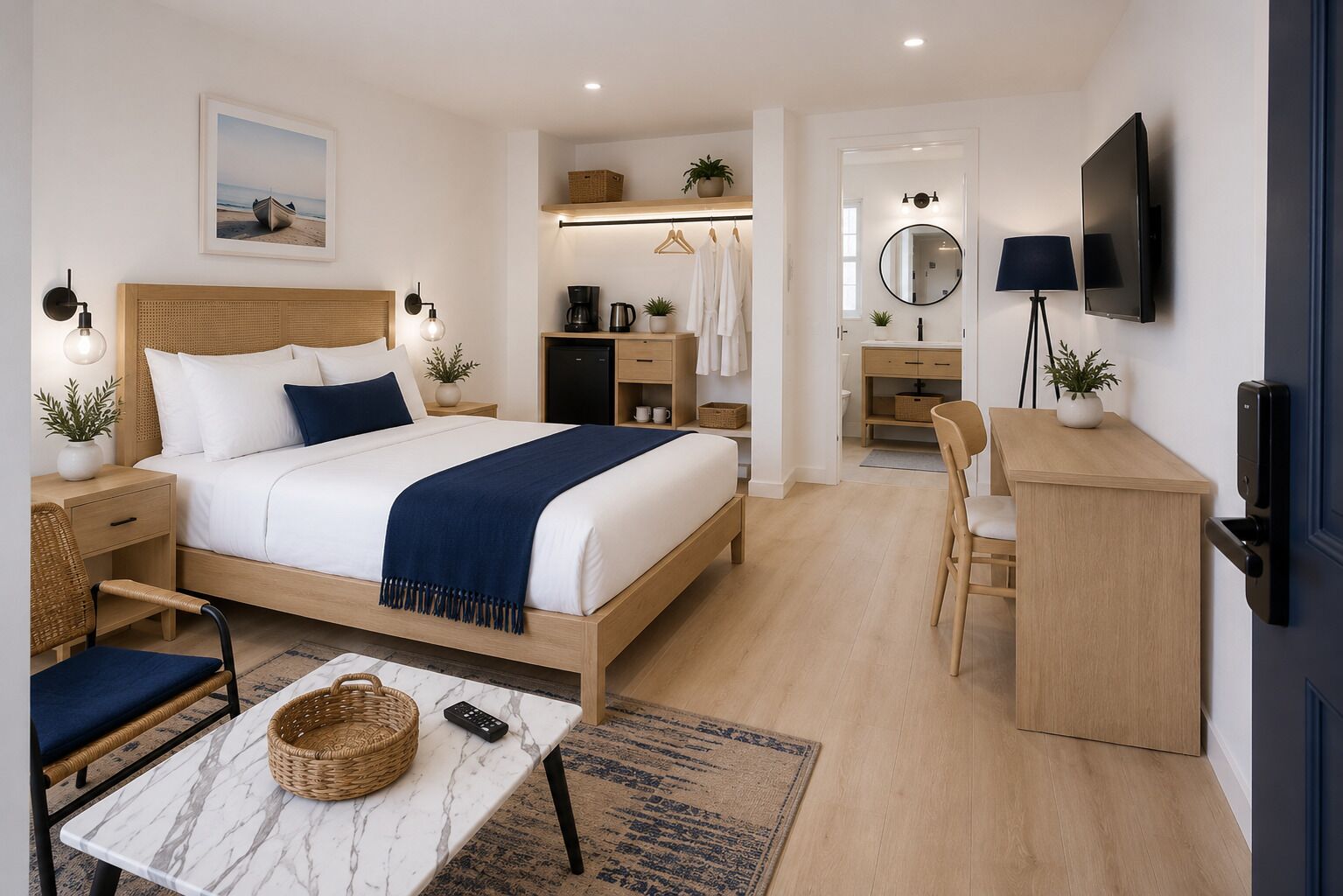 Una habitación de hotel moderna con una cama grande, mesitas de noche, un escritorio, una silla, un televisor y un baño visible a través de una puerta abierta.