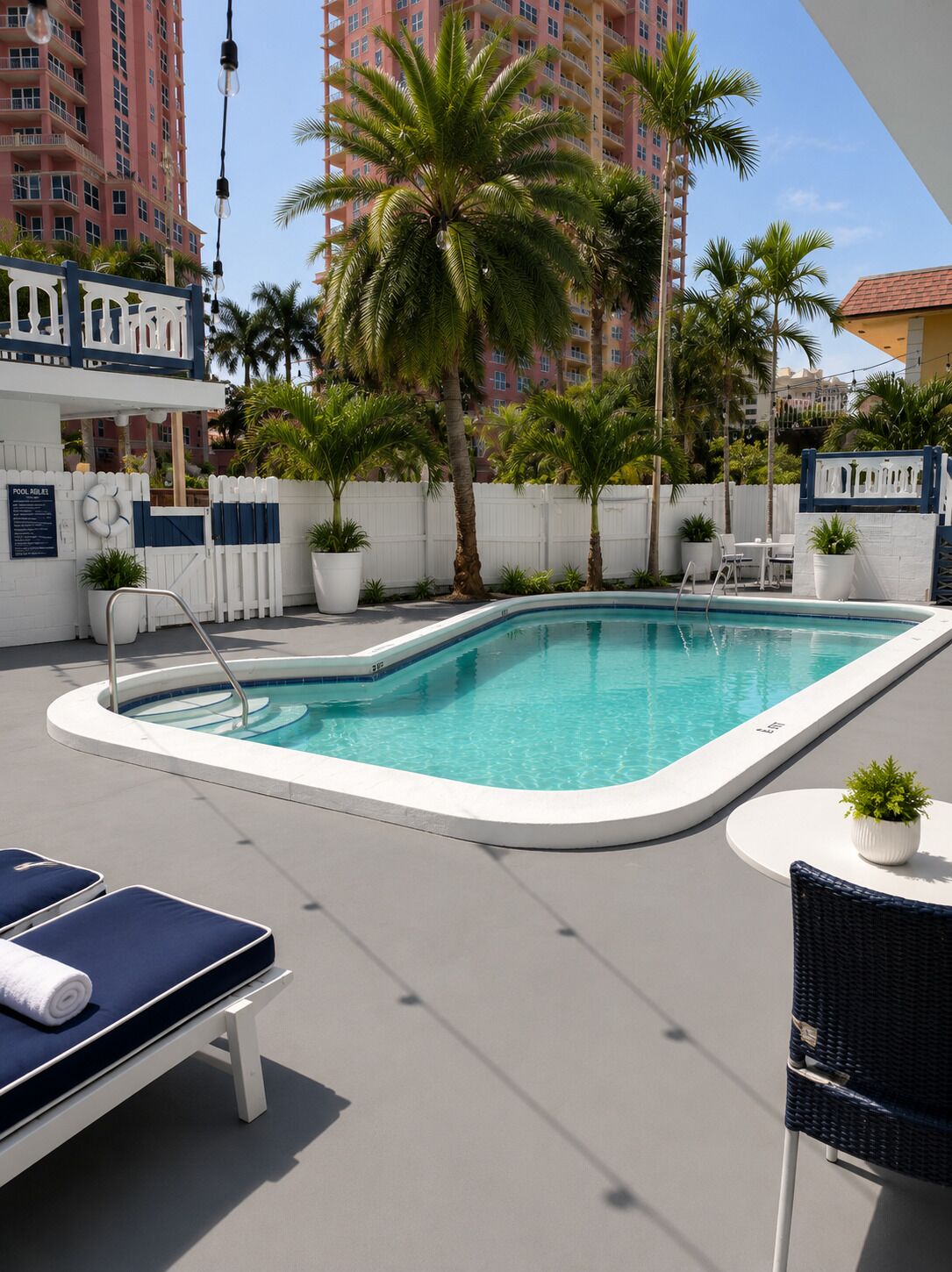 Una piscina con muelle blanco, sillas de descanso y palmeras.