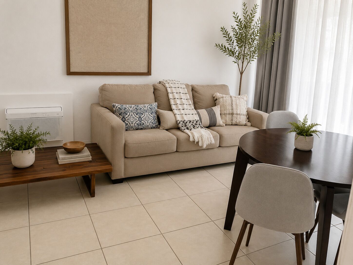 Una sala moderna con un sofá color crema, una mesa de centro y una mesa de comedor con sillas. Hay plantas en macetas sobre la mesa de centro y un cuadro grande en la pared.