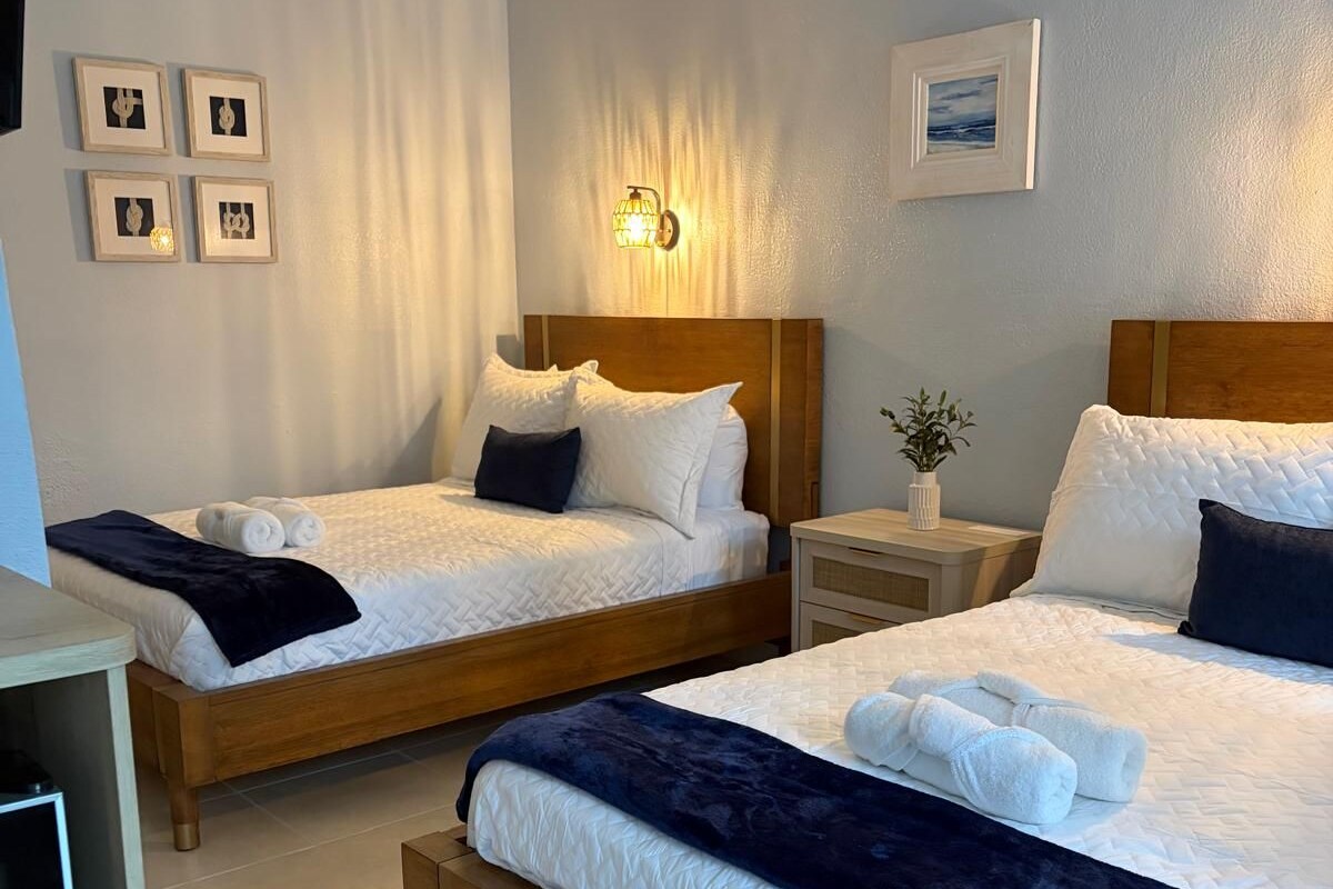 Habitación de hotel con dos camas, una mesita de noche con lámpara, una pequeña planta en maceta y un cuadro colgado en la pared.