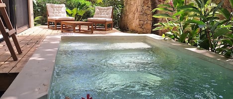 Une piscine rectangulaire bordée d’un mur en pierre, avec une végétation luxuriante en arrière-plan.