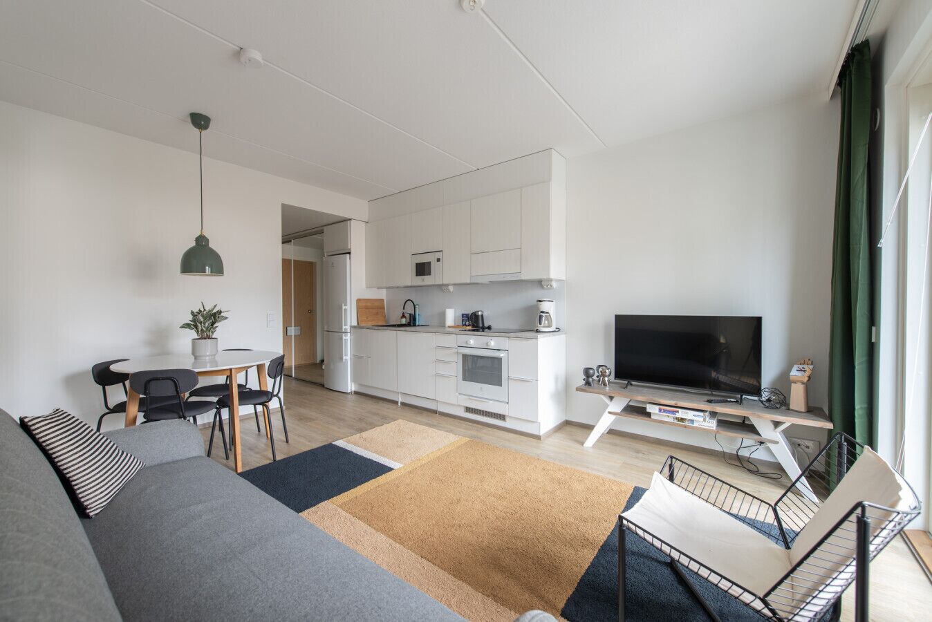 A modern apartment with a living room, dining area, kitchenette, and a TV.