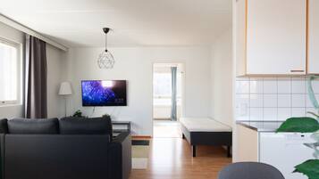 A modern living room with a sofa, a flat-screen TV, a pendant light, and a view into a bedroom with a bed and a window.