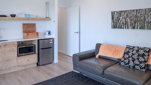 A modern living space with a kitchenette, a grey leather sofa, a patterned throw blanket, and a wall-mounted artwork. - Paradise Lights 1770 (Seventeen Seventy)