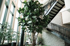 A multi-level indoor space with a staircase, large windows, and indoor plants. - Downtown Houston Skyline Stay, Steps to Daikin Park B (Houston)