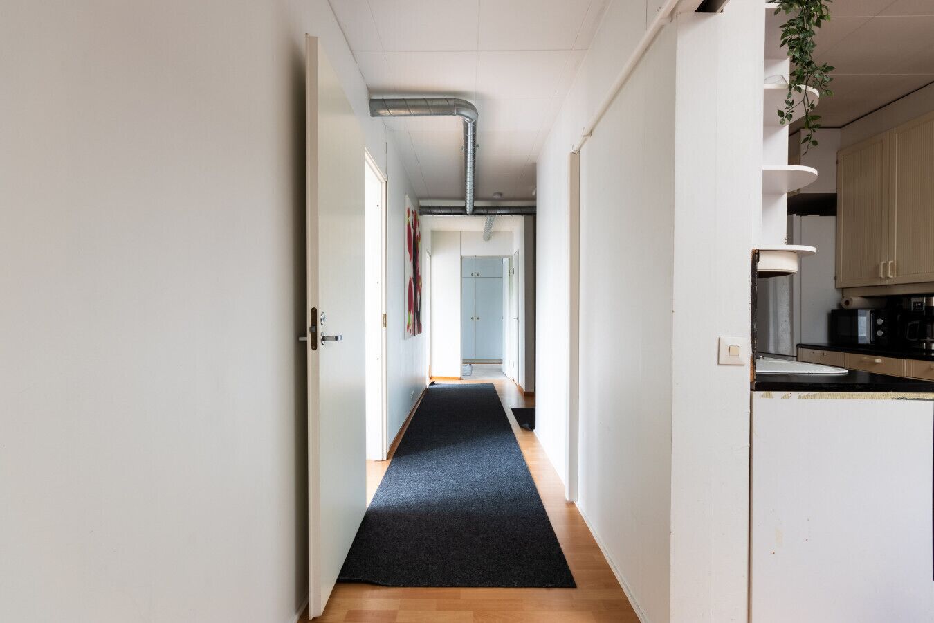 Een smalle gang met een donker tapijt, witte muren en een houten vloer, leidend naar een kamer met een deur.