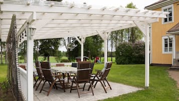 A covered patio with a table and chairs, surrounded by a white pergola, set against a residential backdrop with a lawn and a house.