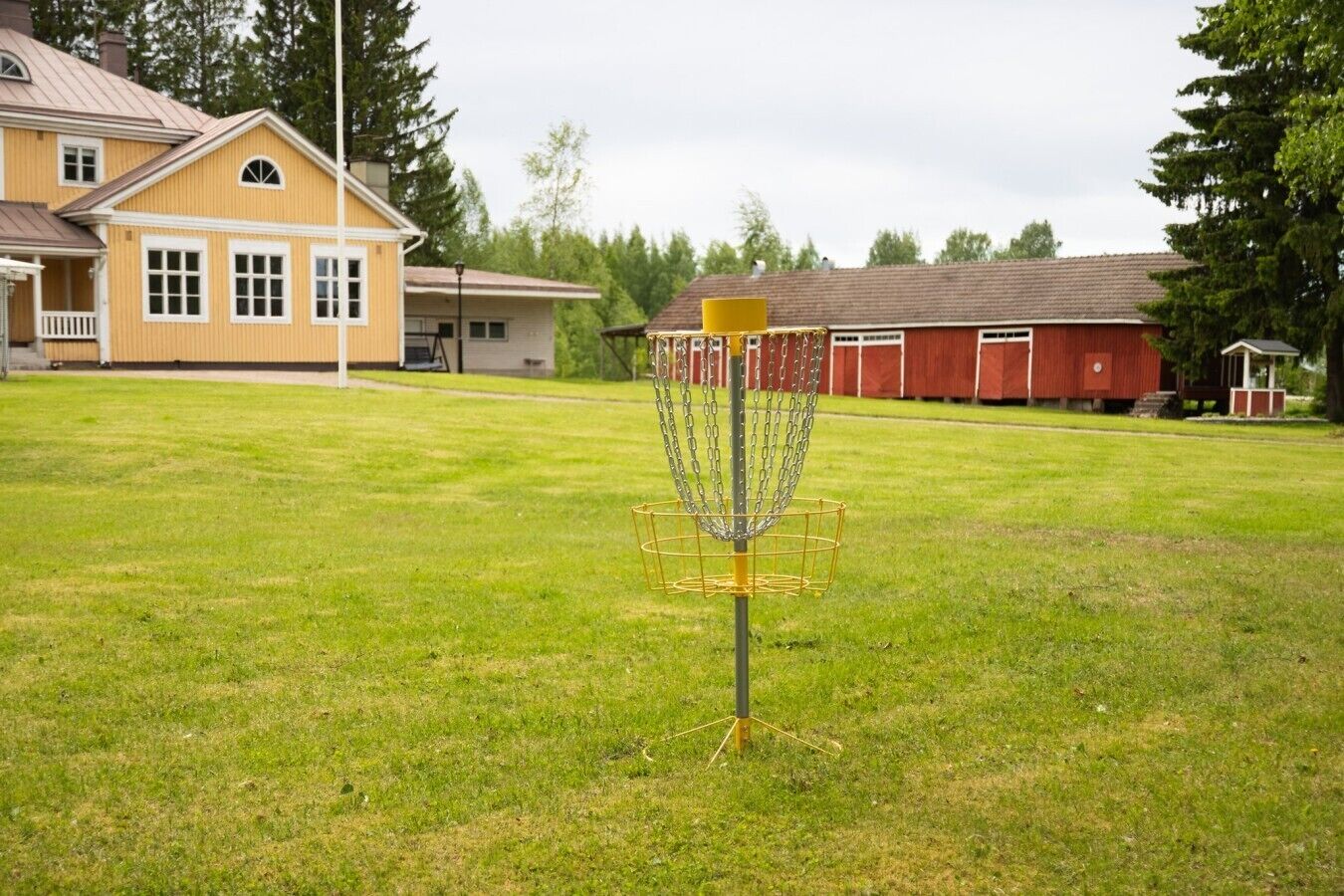 Frisbeegolfin kori ruohikkoisella kentällä, taustalla näkyy taloja.
