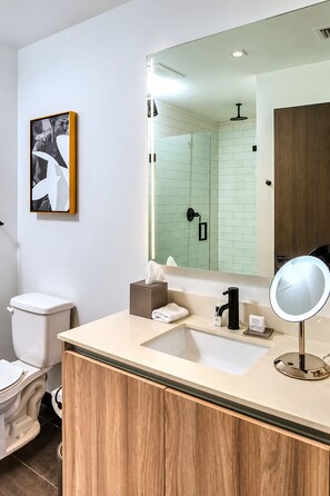 A modern bathroom with a toilet, sink, and mirror. - Stylish Ocean-View Condo in Downtown Miami (Miami)