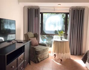 Een kamer met een televisie op een kast, een gestreept fauteuil, een klein rond tafeltje met een plant en een raam met gordijnen.