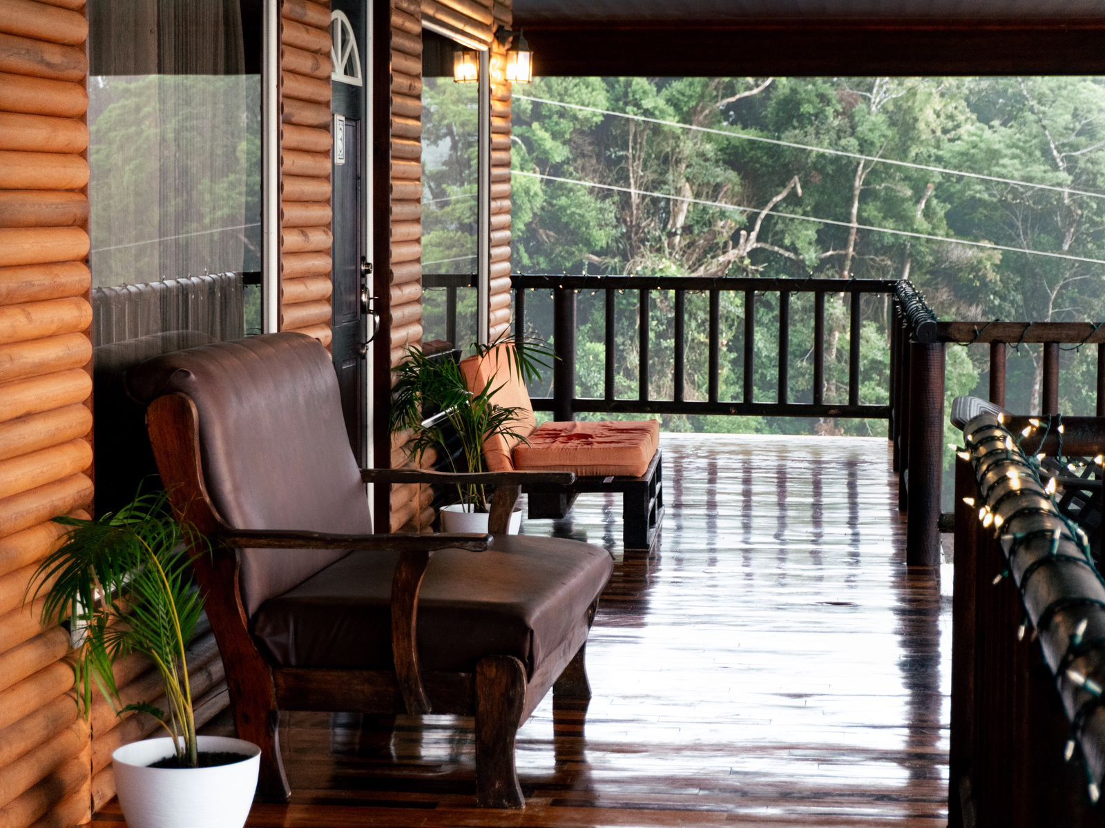 A wooden deck with a bench and potted plants, overlooking a forested area.