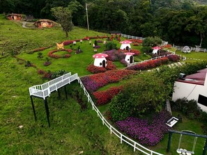 Un jardín con estructuras con forma de hongo, una cerca blanca y un sendero.