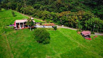 Uma casa grande com varanda, cercada por uma paisagem verdejante e floresta densa.