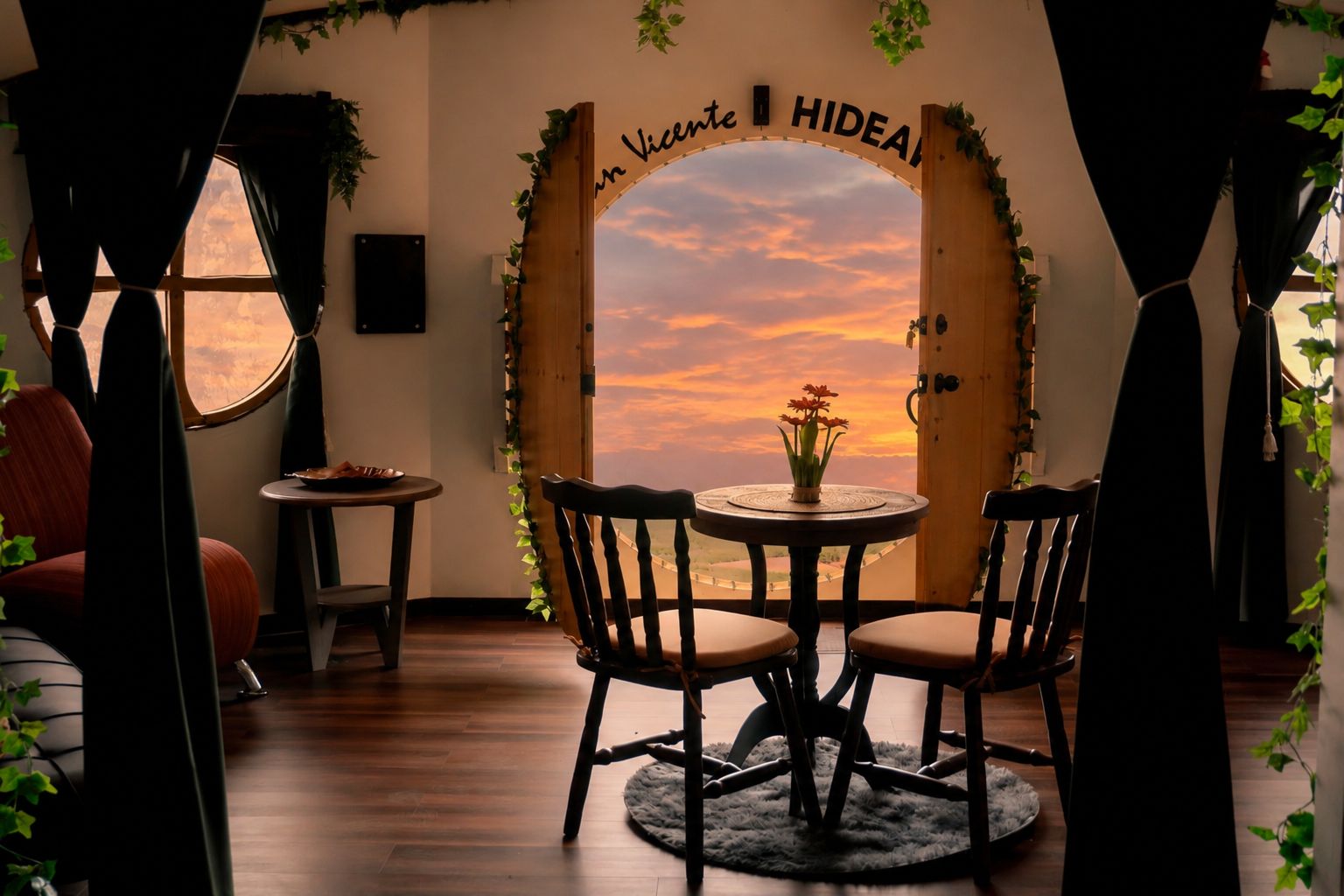 A cozy room with a wooden door labeled 'Hideaway,' a round table with chairs, and a view of a sunset through the door.