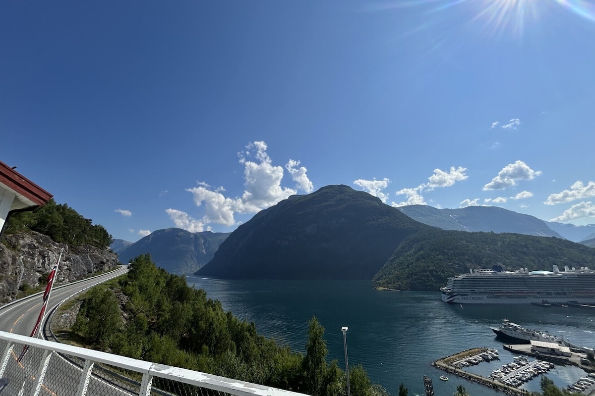 Eine Küstenlandschaft mit einer Straße, Bergen und einem Kreuzfahrtschiff, das in einer Marina liegt.