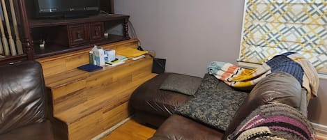 Un salon avec un meuble de rangement en bois pour les appareils multimédias, un canapé en cuir et un plaid à motifs.