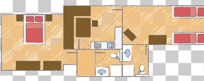 A hotel room layout with a bed, a desk, a chair, a wardrobe, and a bathroom.