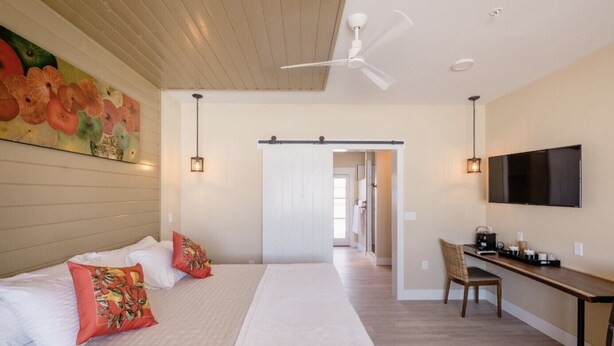 Quarto com uma cama grande, uma escrivaninha, uma cadeira, televisão e ventilador de teto.