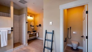 Casa de banho com chuveiro, sanita e porta-toalhas.