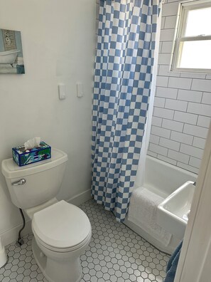 A bathroom with a toilet, a blue and white checkered shower curtain, and a white bathtub. - Tiny House 1 bed in Council Bluffs Iowa, 1 mile from downtown Omaha! (Council Bluffs)