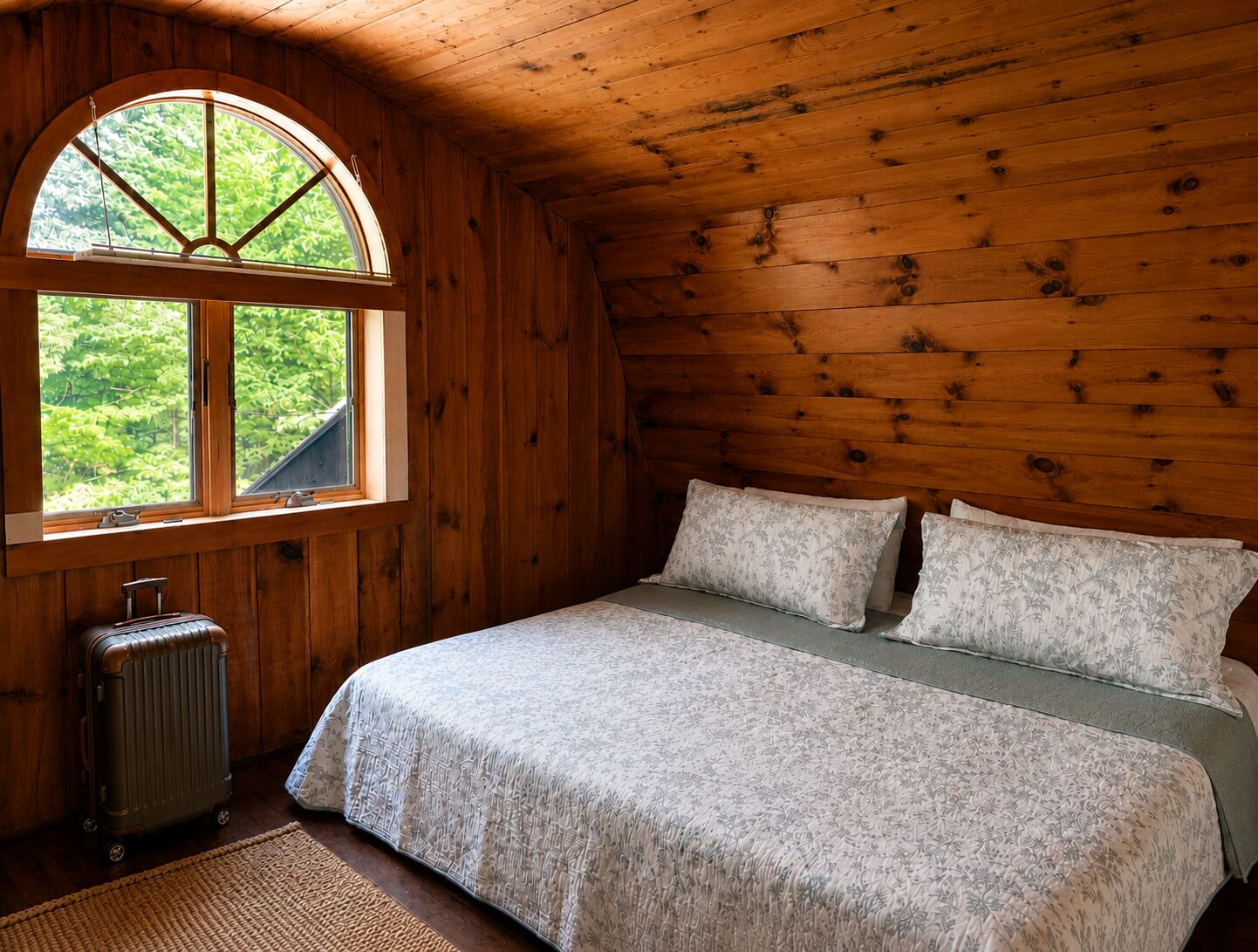 Une chambre dans une cabane en bois, avec un lit, deux oreillers, un radiateur et une valise.