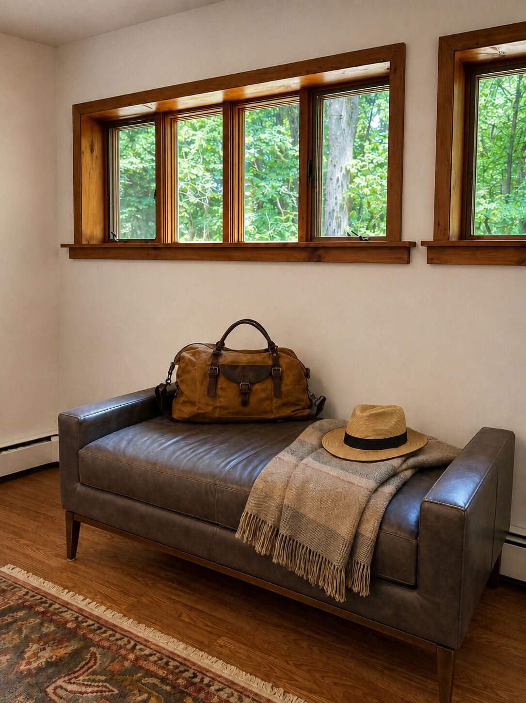 A leather sofa with a brown bag and a hat, a patterned rug, and a window with a view of trees.