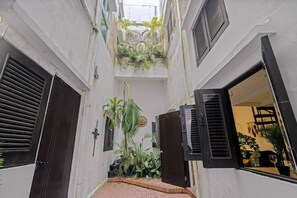 A narrow alleyway with a small garden area, a door, and a window. - Historic Loft in the Heart of Old San Juan (San Juan)