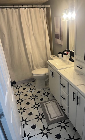 A bathroom with a toilet, a sink, and a shower curtain. - Perfect 2-bedroom house with AC in welcoming East Grand Forks (East Grand Forks)