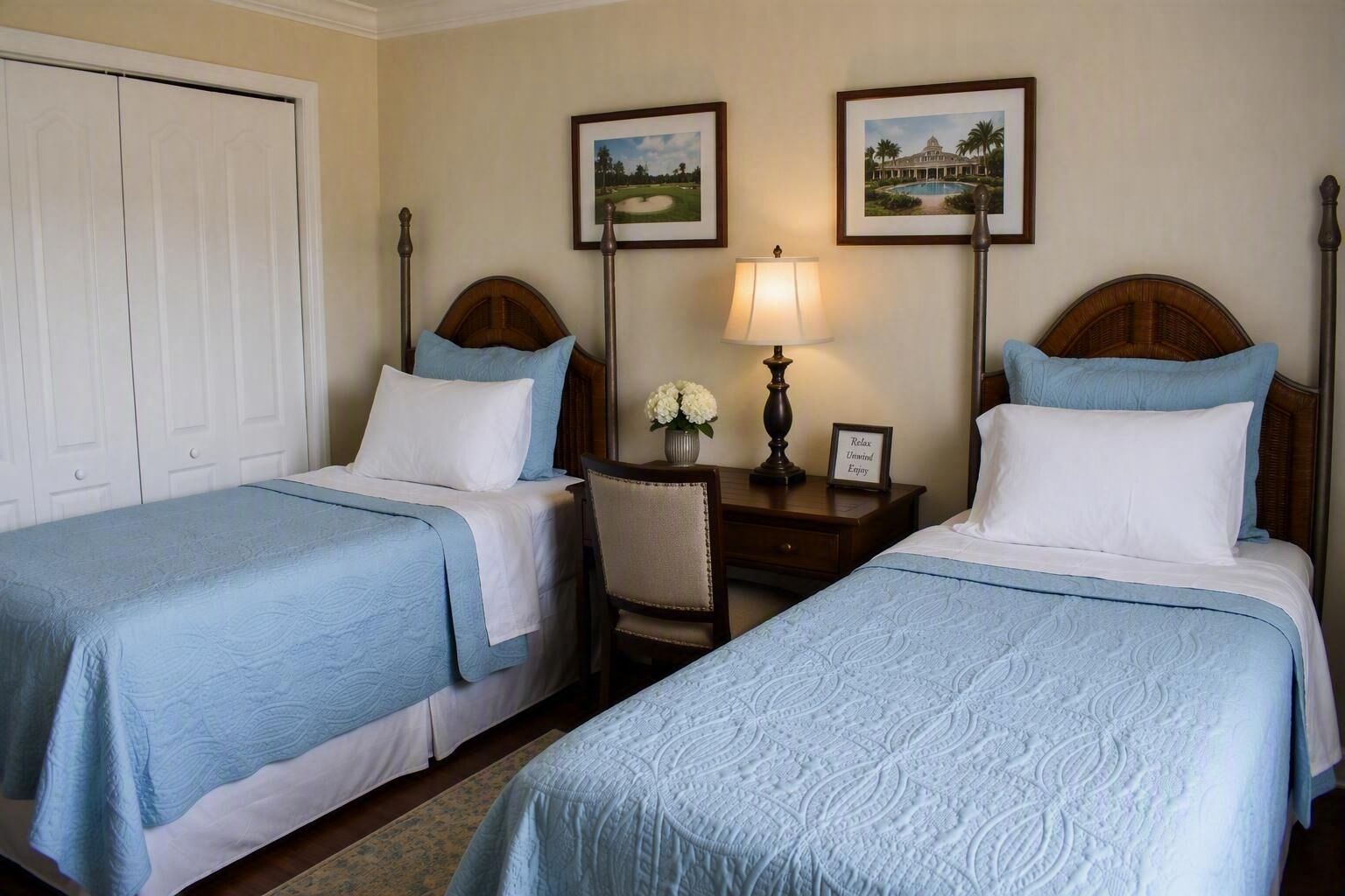 Une chambre d’hôtel avec deux lits, un bureau, une chaise, une lampe et deux tableaux encadrés au mur.