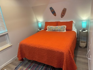 Ein Schlafzimmer mit einem Bett, zwei Wandlampen, einem gemusterten Zierkissen und einem Fenster mit Jalousien.