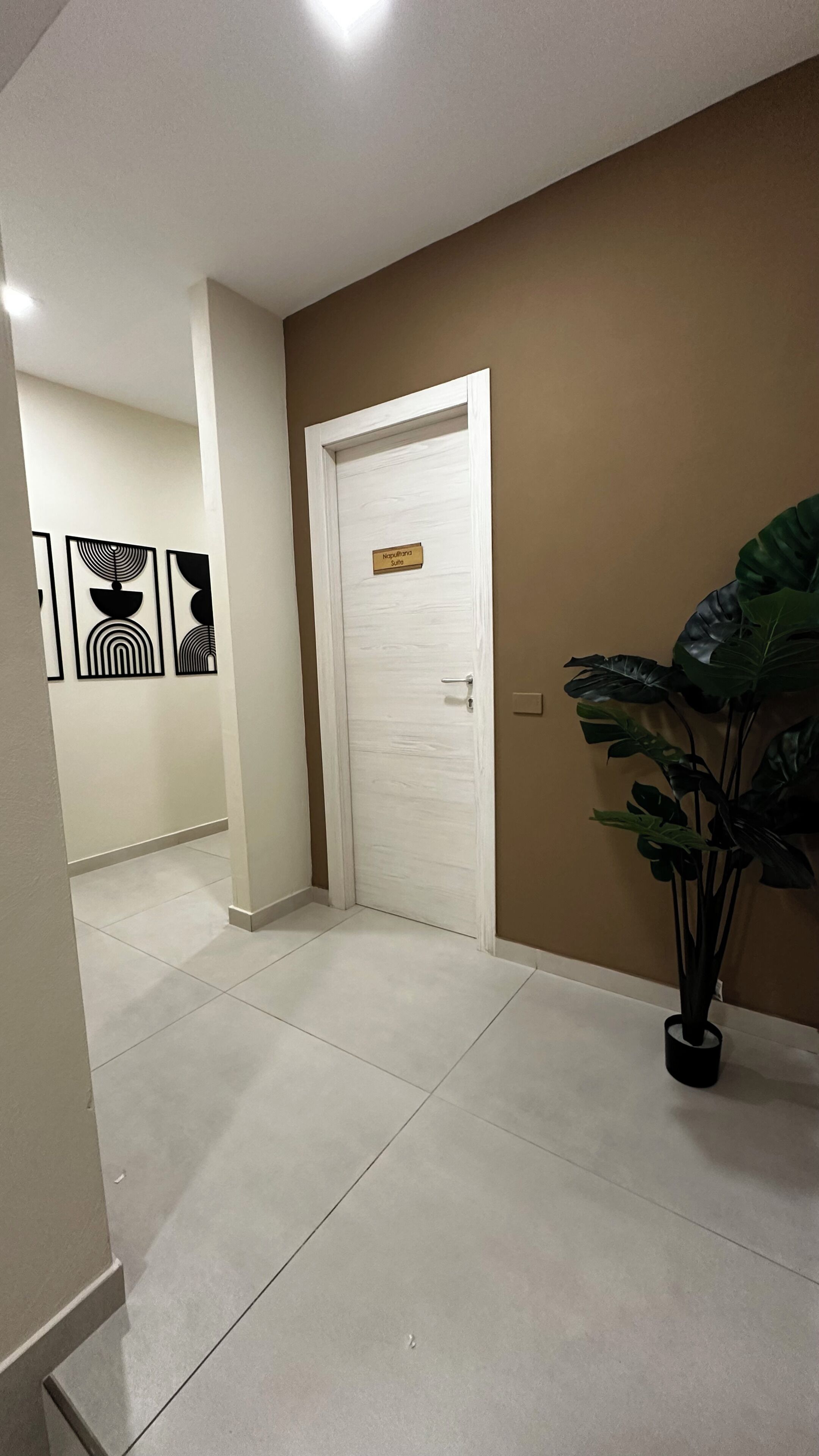 Un couloir avec une porte blanche, une plante en pot et des œuvres d’art abstraites accrochées au mur.
