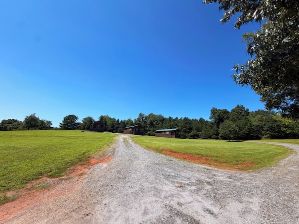 A gravel path leading to a rustic cabin surrounded by a grassy field and dense trees.