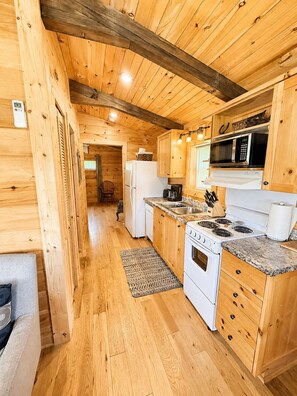 Interno di una baita in legno con angolo cottura dotato di piano cottura, forno a microonde e lavello.