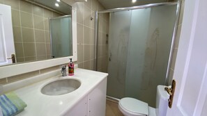 Een badkamer met een witte wasbak, een spiegel, een toilet en een douche met glazen wanden.