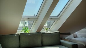 A room with a skylight, a sofa, and two potted plants.