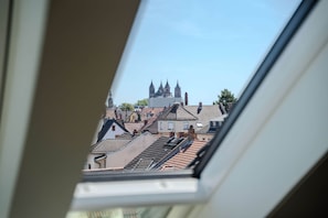 A view through a skylight of a cityscape with traditional buildings and a prominent church with multiple spires.