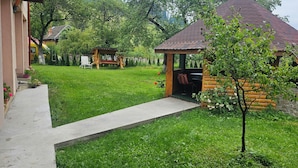 A log cabin with a porch, a small garden, and a paved walkway leading to the entrance. - Villa Ileana  (Ceahlău)
