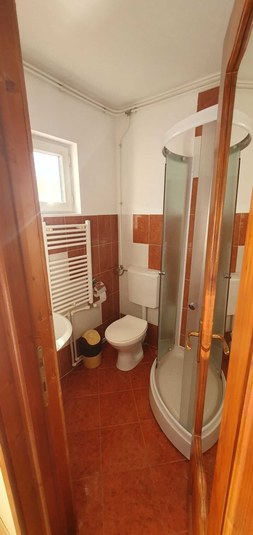 Casa de banho com chuveiro, sanita e lavatório.
